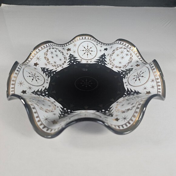 Houze Art Christmas Smokey Glass White And Gold MCM Ruffled Christmas Trees Dish - Picture 5 of 8